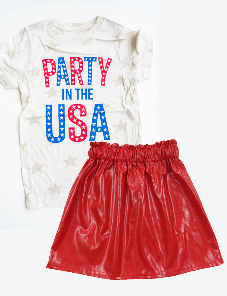 Baby Girls Party In the USA Shirt Red Pleather Skirt Clothes Sets Preorder