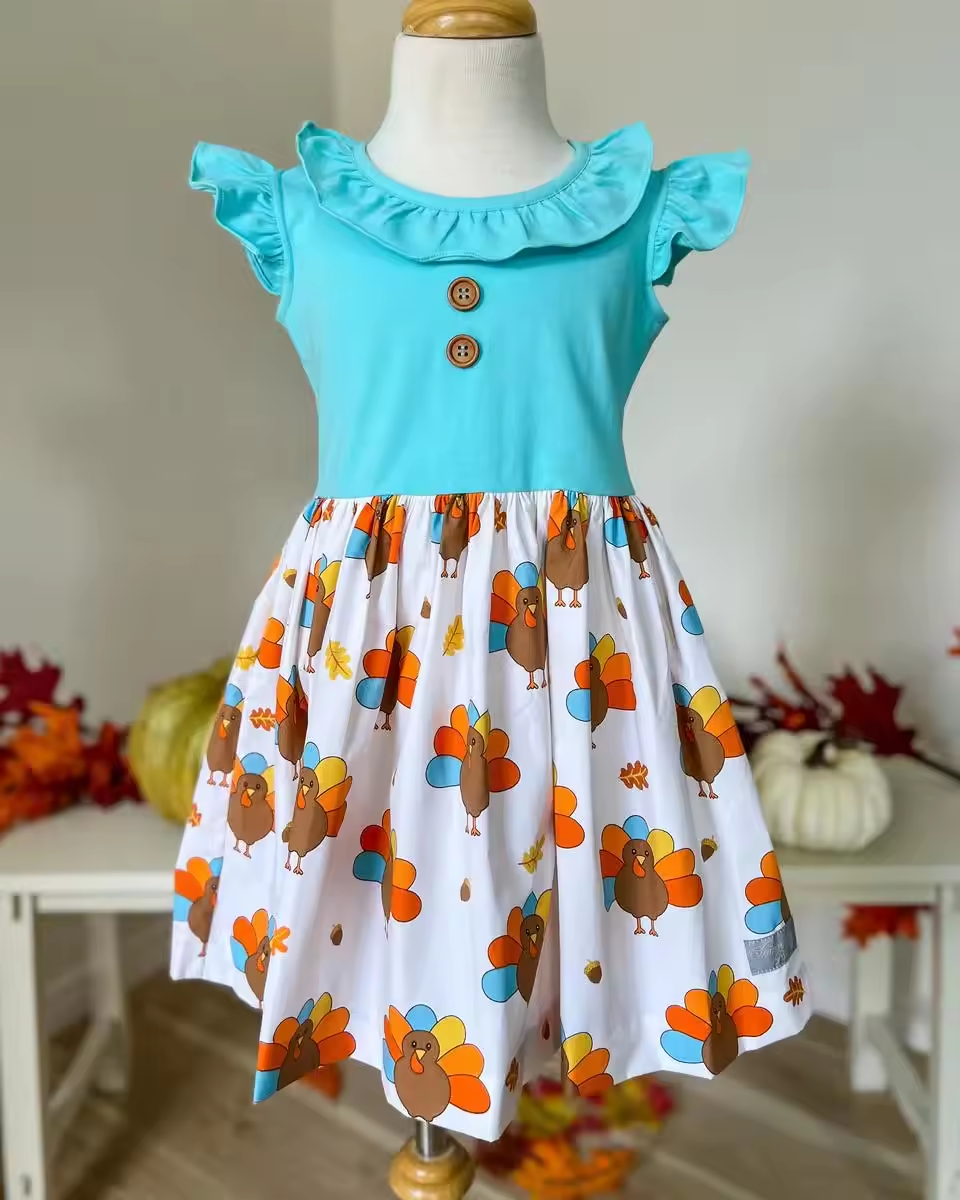 Baby Girls Thanksgiving Flutter Sleeve Turkey Knee Length Dresses Preorder