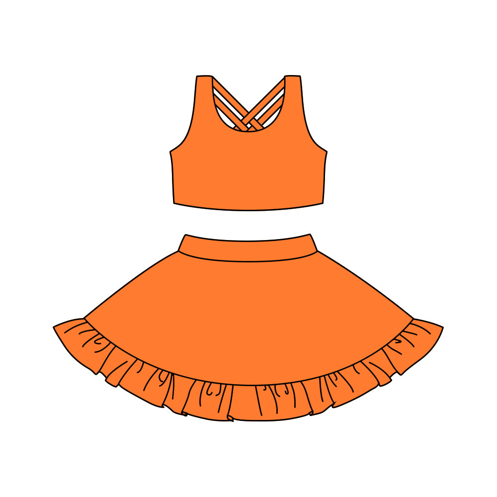Preorder moq 5 Baby Girls Orange Sleeveless Athletic Top Shorts Skirts Sets