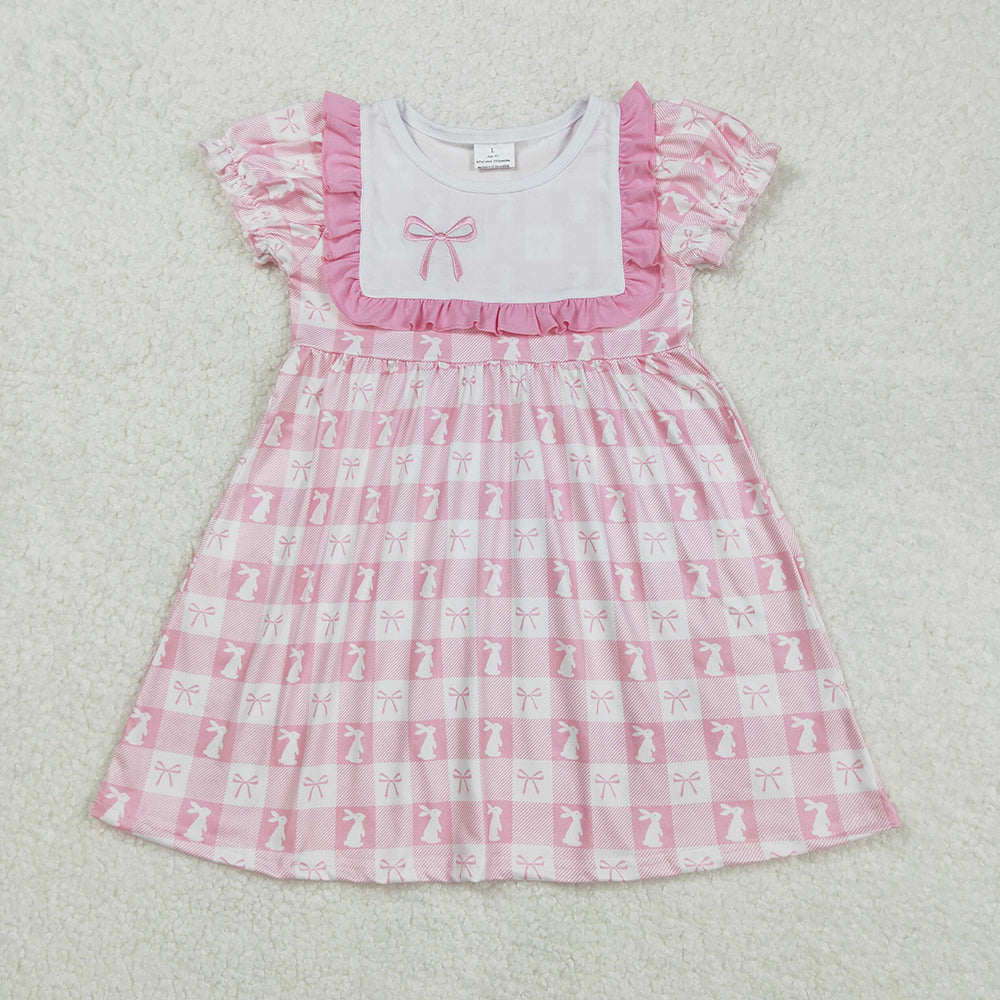 Embroidery Baby Girls Pink Easter Rabbits Checkered Knee Length Dresses