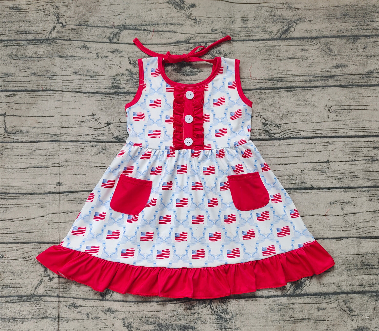 Baby Girls 4th of July Flag Bows Pockets Knee Length Dresses