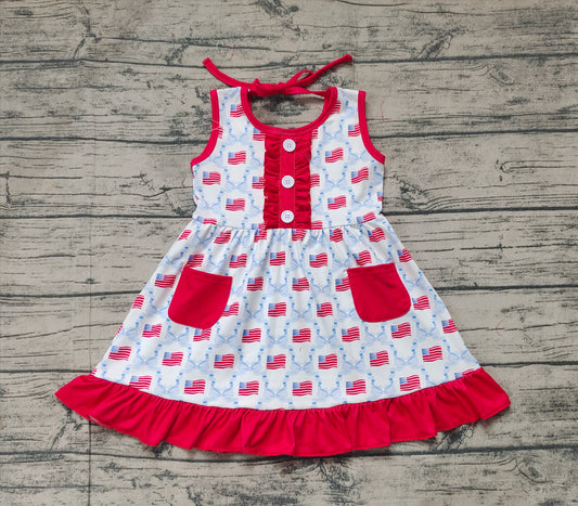Baby Girls 4th of July Flag Bows Pockets Knee Length Dresses