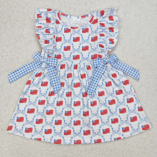 Sibling Baby Girls Flutter Sleeve Flags Bows Stars 4th of July Ruffle Knee Length Dresses