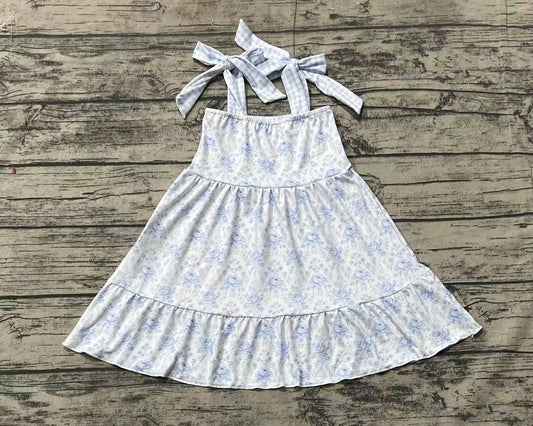 Baby Girls Blue Flowers Straps Knee Length Dresses