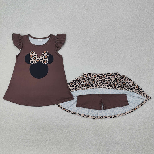 Baby Girls Leopard Cartoon Flutter Sleeve Shirt Skort Clothes Sets