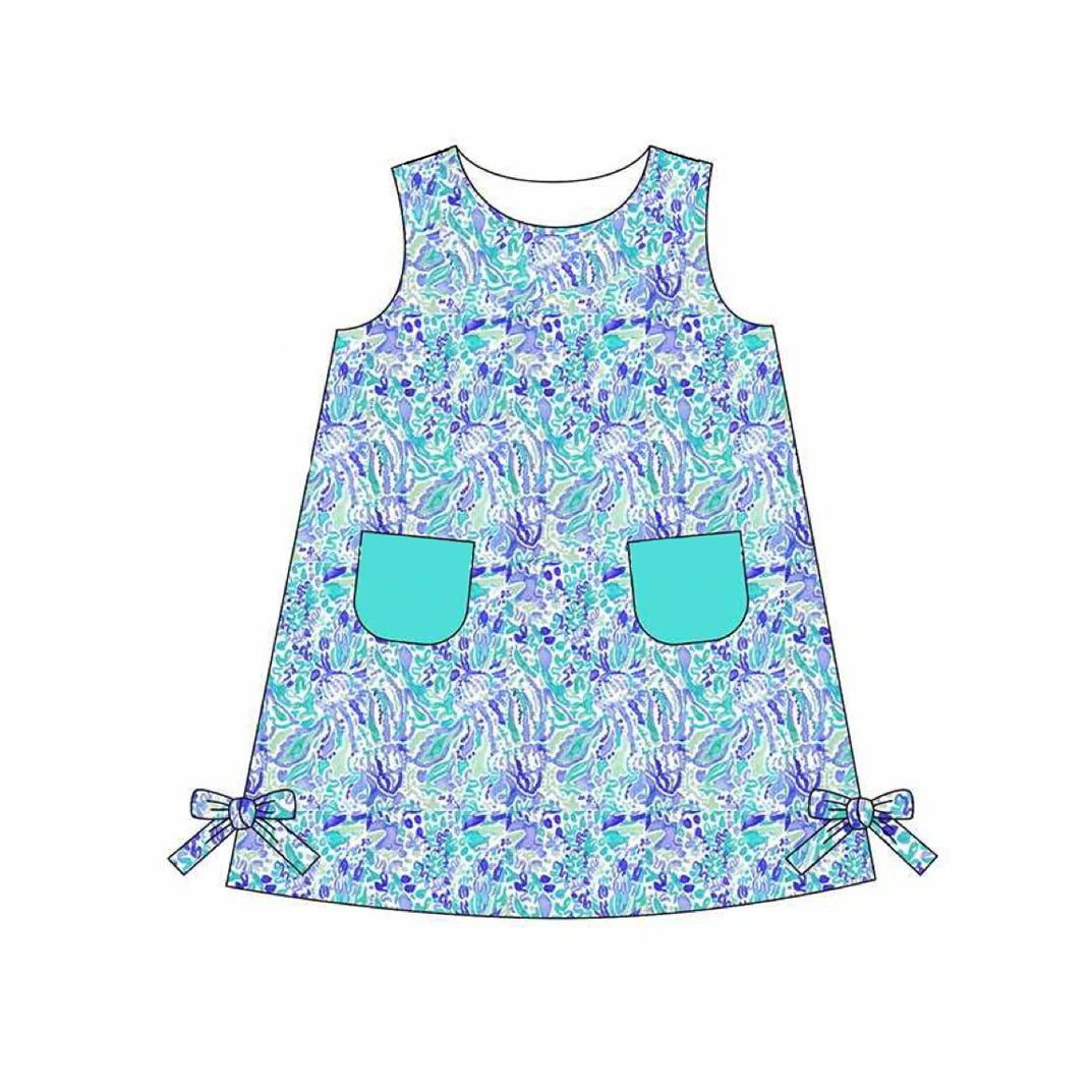 Baby Girls Blue Sea Flowers Pockets Knee Length Dresses Preorder