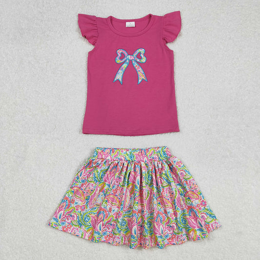 Embroidery Baby Girls Pink Bow Shirts Shorts Skirt Clothes Sets