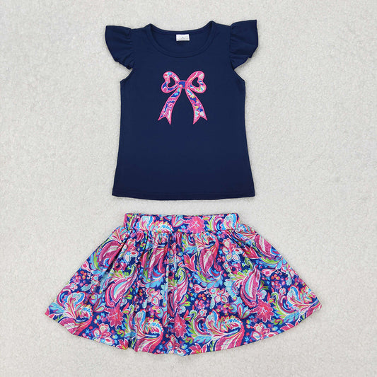 Sibling Embroidery Baby Girls Navy Bow Shirts Shorts Skirt Clothes Sets