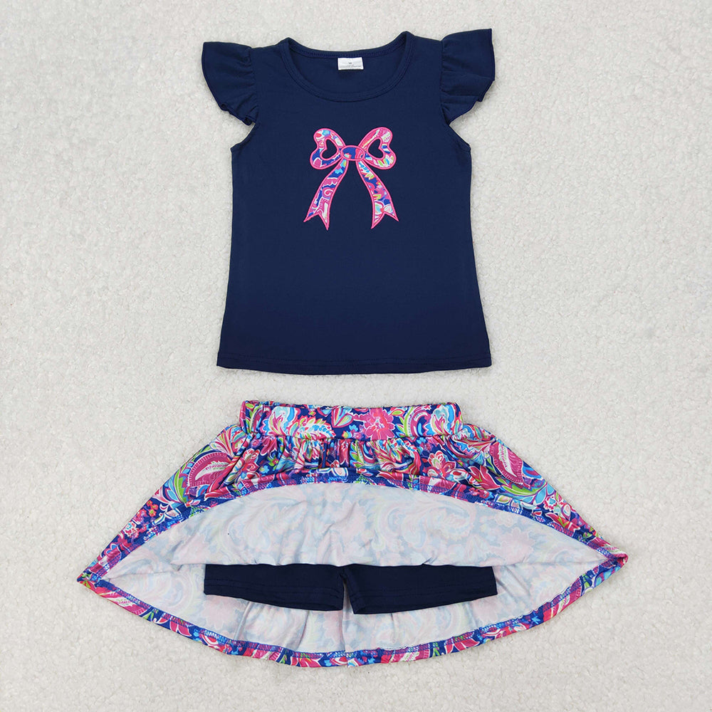 Embroidery Baby Girls Navy Bow Shirts Shorts Skirt Clothes Sets