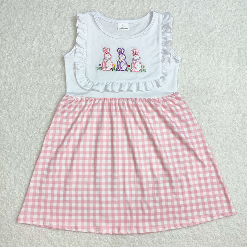 Embroidery Baby Girls Easter Rabbits Pink Checkered Knee Length Dresses