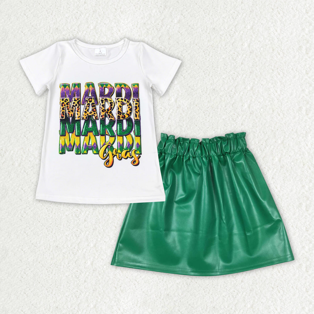 Baby Girls Mardi Gras Short Sleeve Tee Shirts Green Leather Skirt Clothes Sets