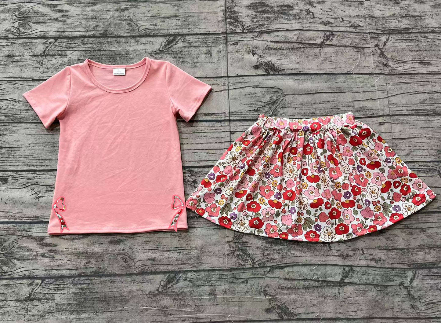 Embroidery Baby Girls Coral Bow Top Flowers Skort Skirt Clothes Sets