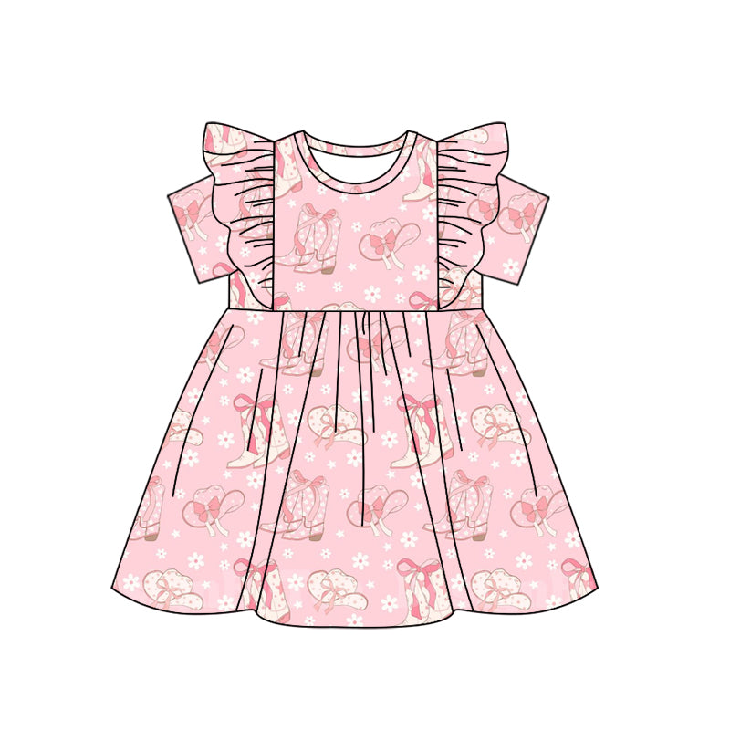 Baby Girls Pink Boots Flowers Western Knee Length Dresses Preorder