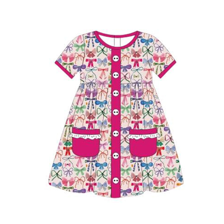 Baby Girls Colorful Bows Short Sleeve Pockets Knee Length Dresses Preorder