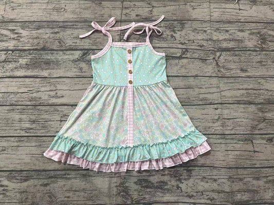 Baby Girls Green Flowers Straps Ruffle Knee Length Dresses