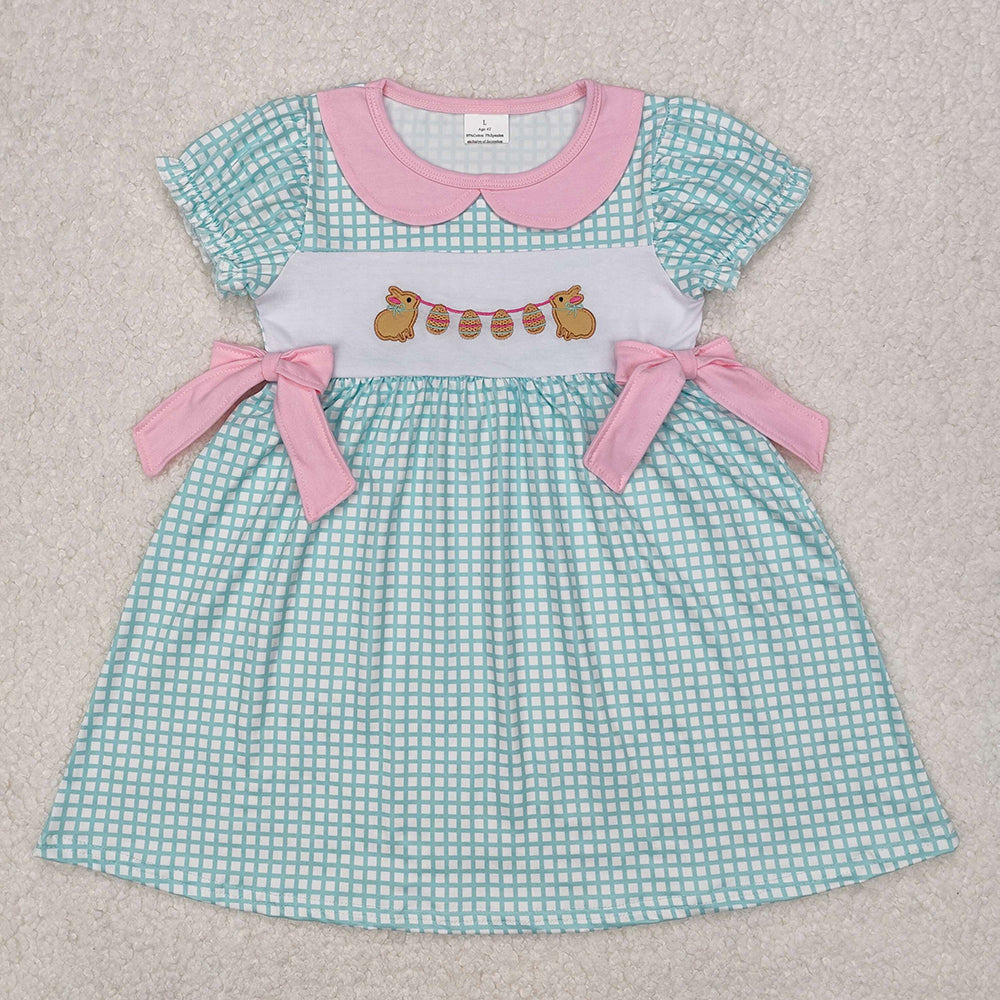 Embroidery Baby Girls Easter Rabbits Bows Knee Length Dresses