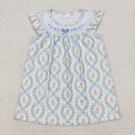 Sibling Embroidery Baby Girls Spring Bows Leaves Rompers Dresses