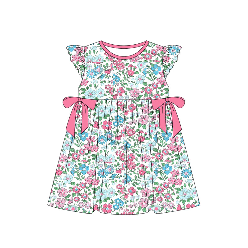 Baby Girls Pink Flowers Bows Knee Length Dresses Preorder