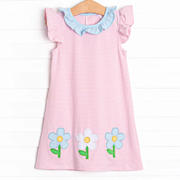 Baby Girls Pink Stripes Flowers Flutter Sleeve Knee Length Dresses Preorder