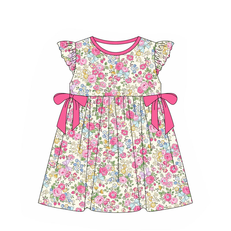 Baby Girls Pink Flowers Bows Knee Length Dresses Preorder