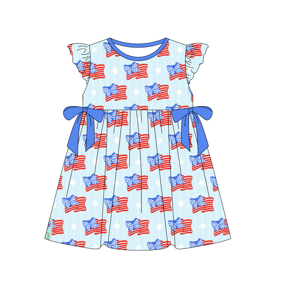 Baby Girls 4th Of July Flags Bows Knee Length Dresses Preorder