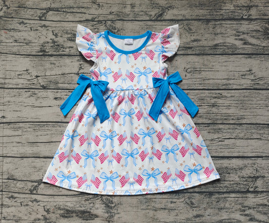 Baby Girls 4th Of July Bows Flags Flutter Sleeve Knee Length Dresses