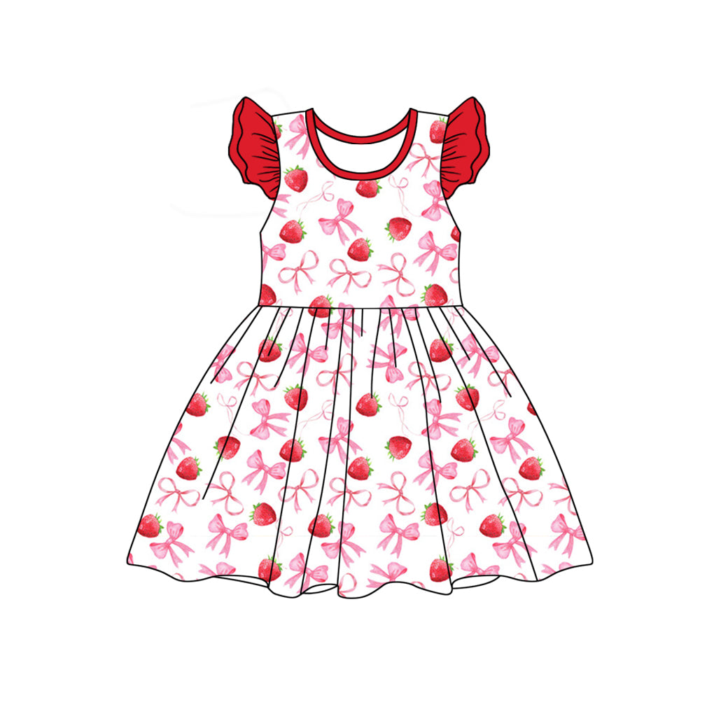 Baby Girls Strawberry Bows Flutter Sleeve Knee Length Dresses Preorder
