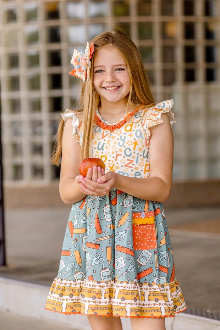 Baby Girls Back To School Bus Pencils Pocket Dresses Preorder