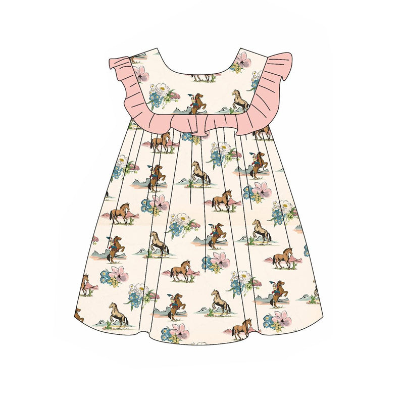 Baby Girls Western Horse Flowers Knee Length Dresses Preorder