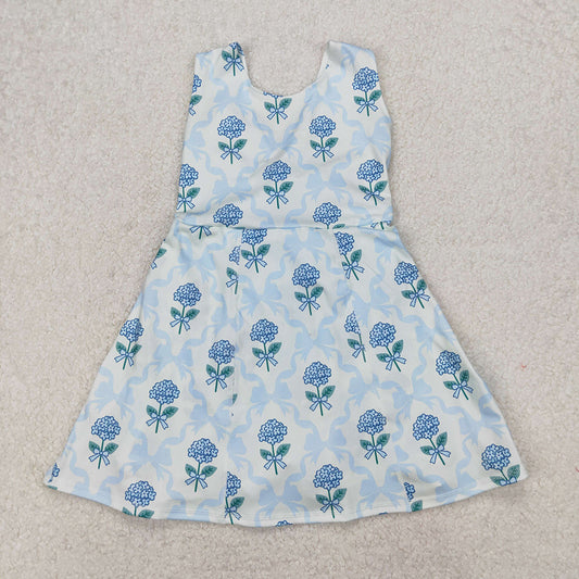 Sibling Baby Girls Blue Flowers Bows Yoga Summer Outfits