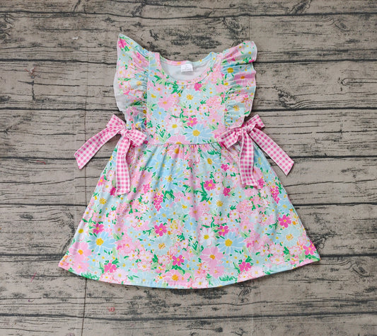 Baby Girls Blue Pink Flowers Bows Knee Length Dresses