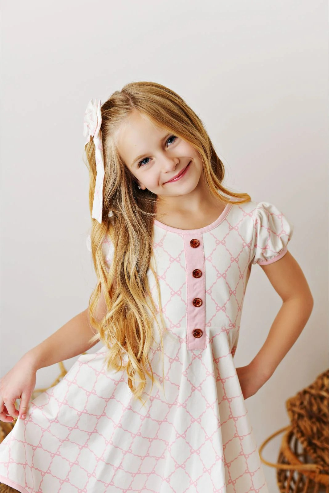 Baby Girls Pink Bow Button Knee Length Dresses Preorder