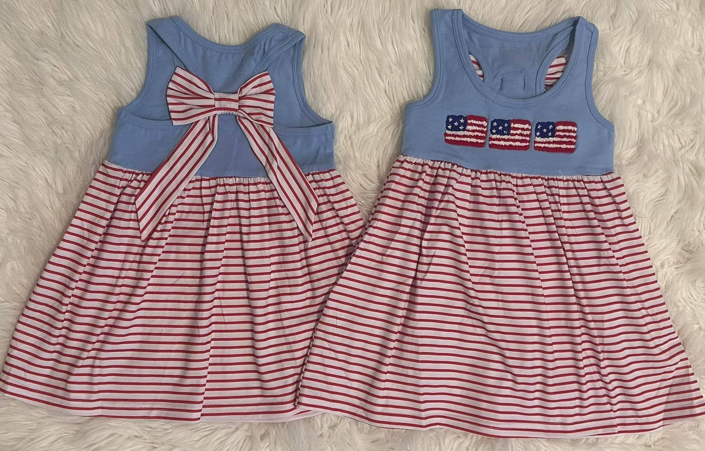 Baby Girls Blue Flags Red Stripes Back Bow Knee Length Dresses Preorder