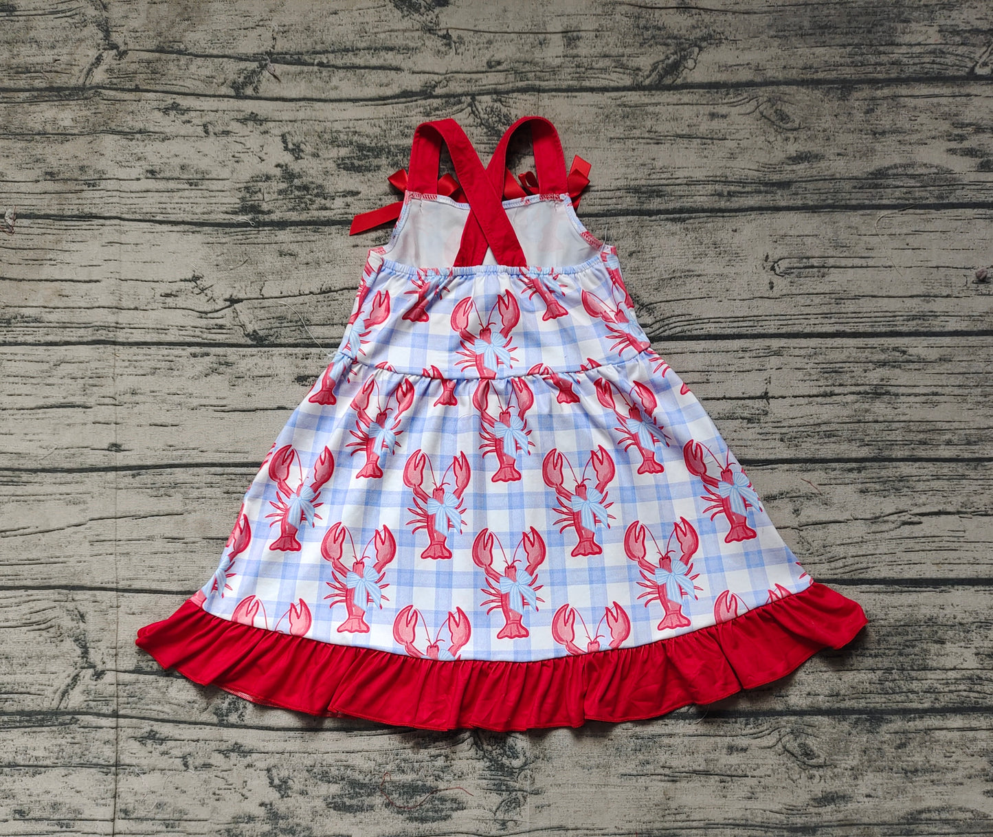 Baby Girls Blue Checkered Crawfish Bow Ruffle Knee Length Dresses