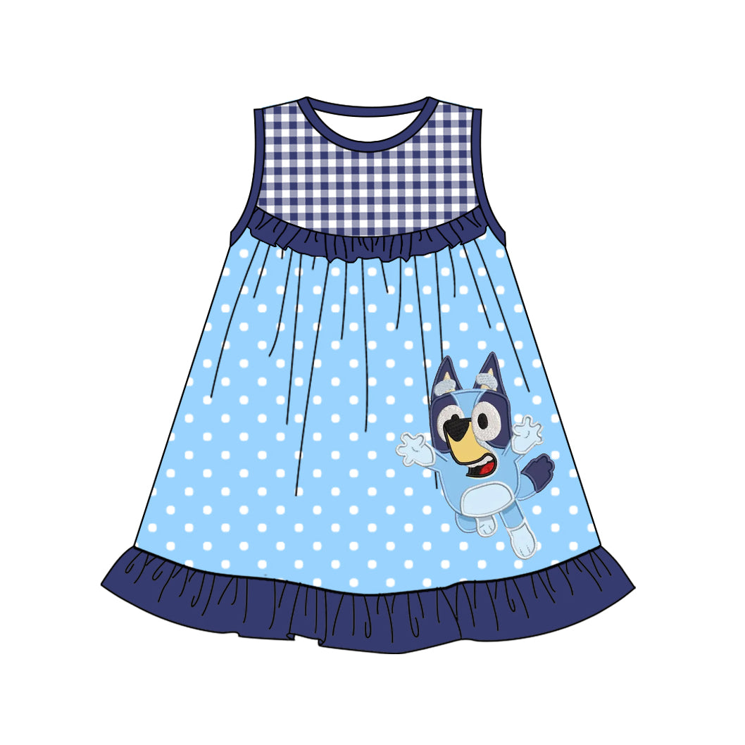 Baby Girls Blue Dots Dogs Sleeveless Knee Length Dresses Preorder