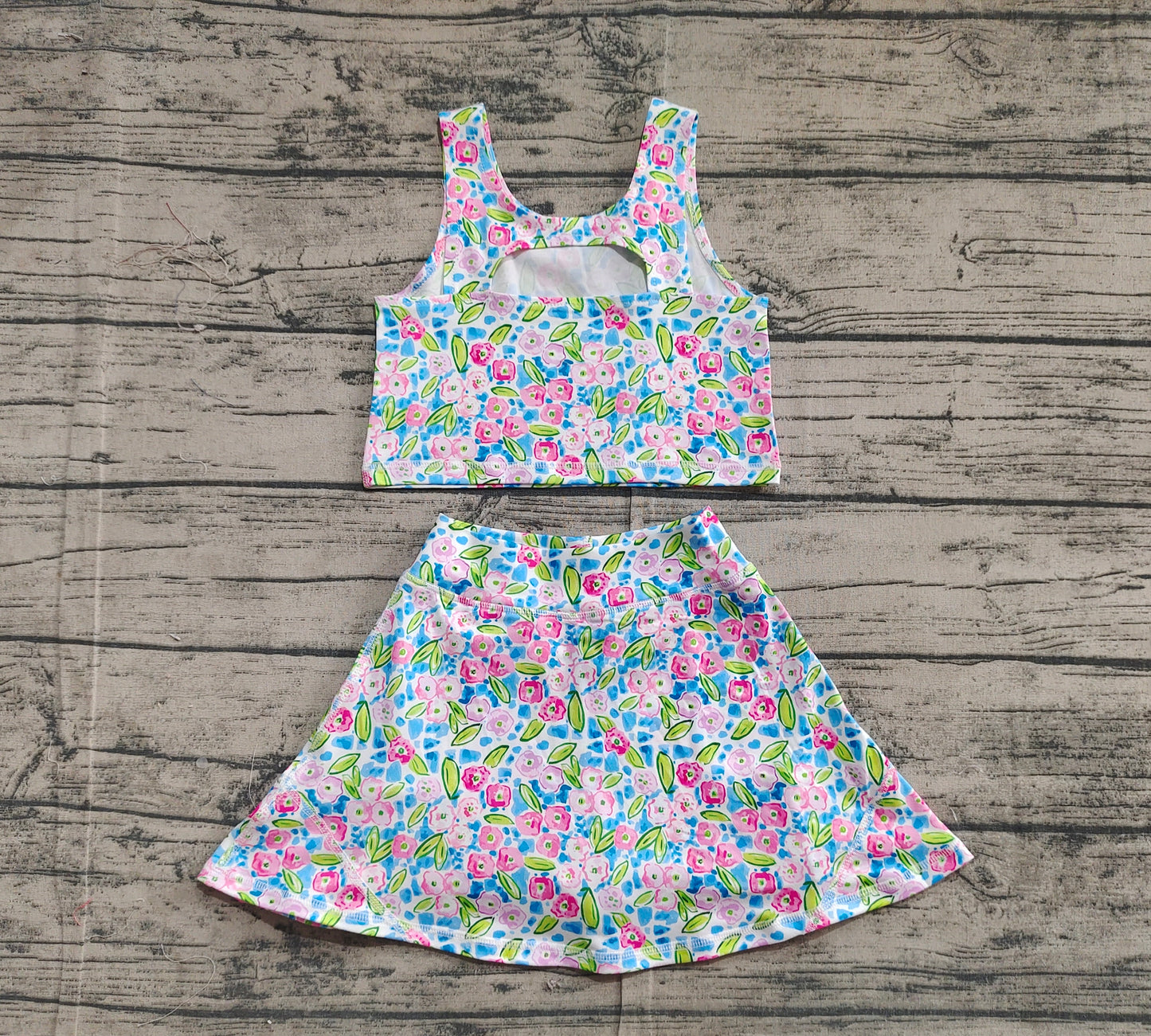 Baby Girls Blue Pink Floral Vest Top Shorts Skirts Yoga Activity Set