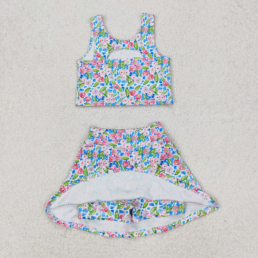 Baby Girls Blue Pink Floral Vest Top Shorts Skirts Yoga Activity Set