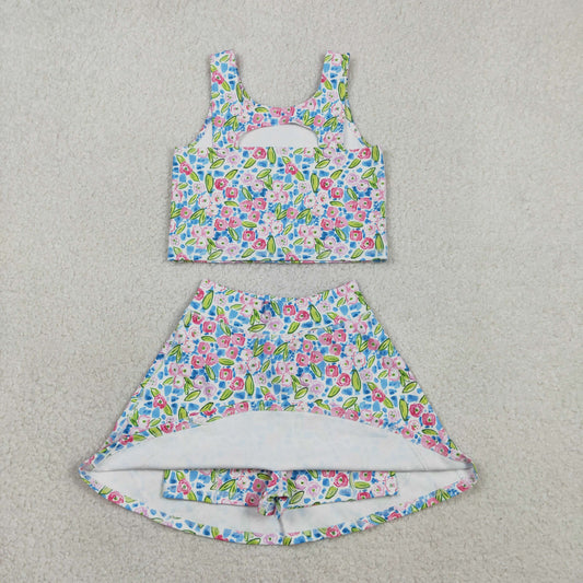 Baby Girls Blue Pink Floral Vest Top Shorts Skirts Yoga Activity Set