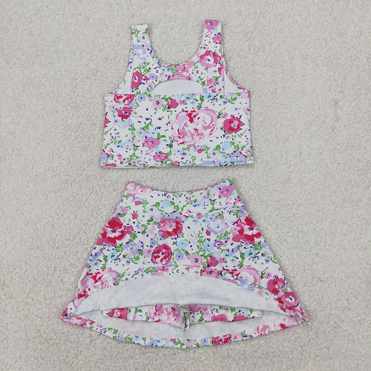 Baby Girls Pink Flowers Athletic Active Wear Top Shorts Skirts Clothes Sets