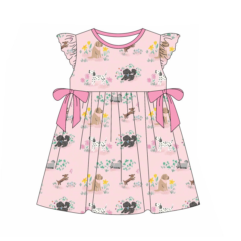 Preorder moq 5 Baby Girls Pink Animal Dogs Bows Top Knee Length Dresses