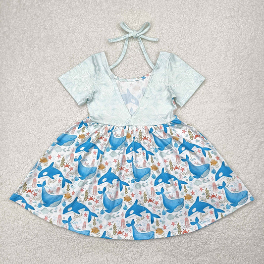 Baby Girls Blue Whale Short Sleeve Knee Length Dresses