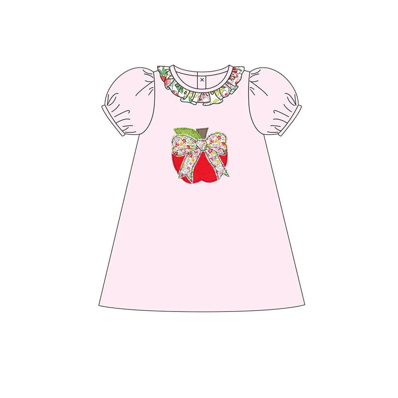 Baby Girls Pink Back To School Apple Bow Knee Length Dresses Preorder
