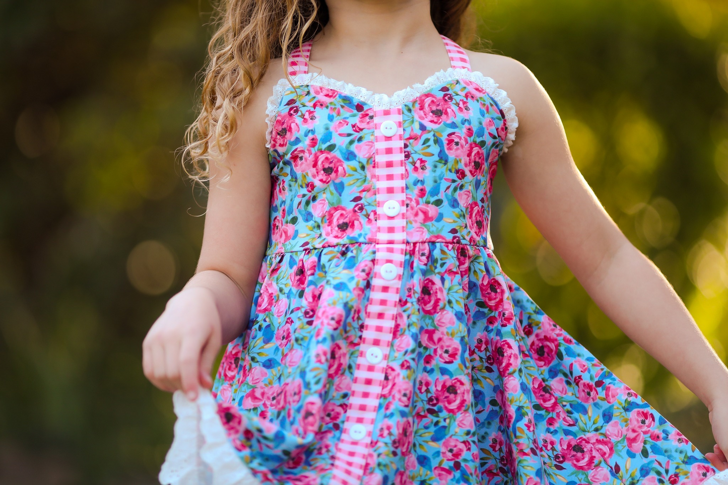 Baby Girls Blue Pink Flowers Straps Knee Length Dresses Preorder