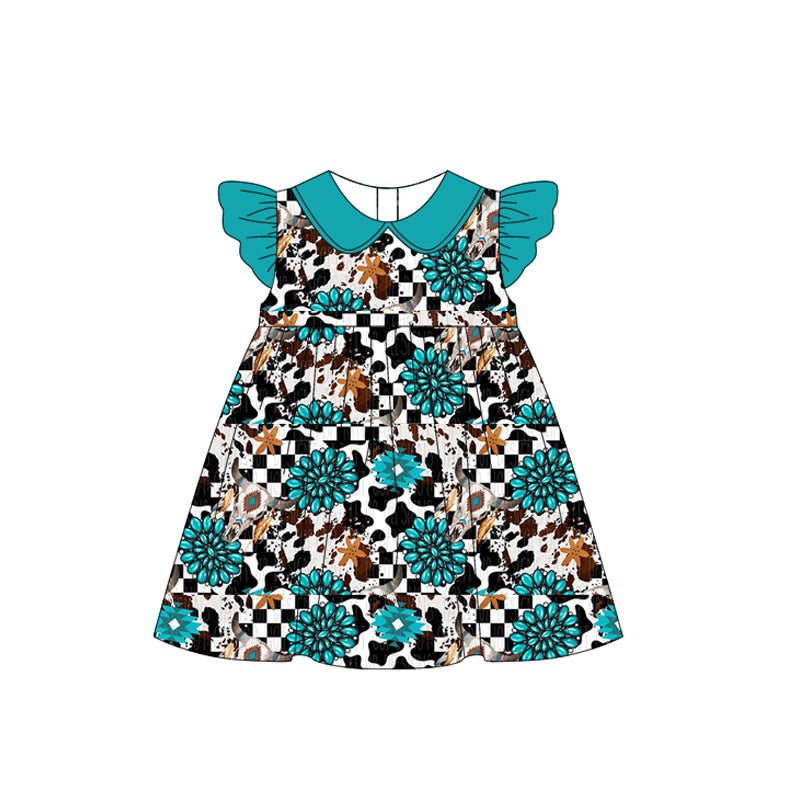 Baby Girls Turquoise Cow Flutter Sleeve Knee Length Dresses Preorder