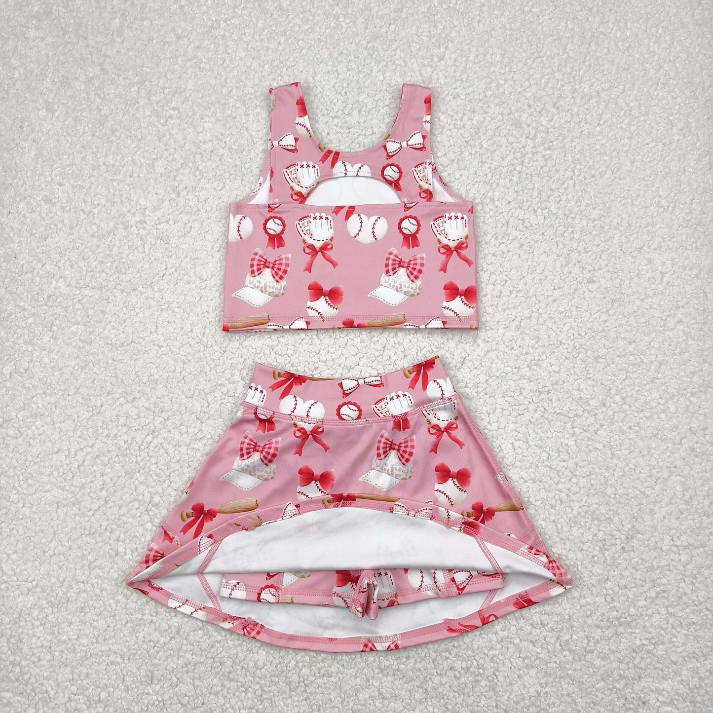 Sibling Baby Girls Bows Baseballs Yoga Team Active Wear Top Shorts Skirts Clothes Sets