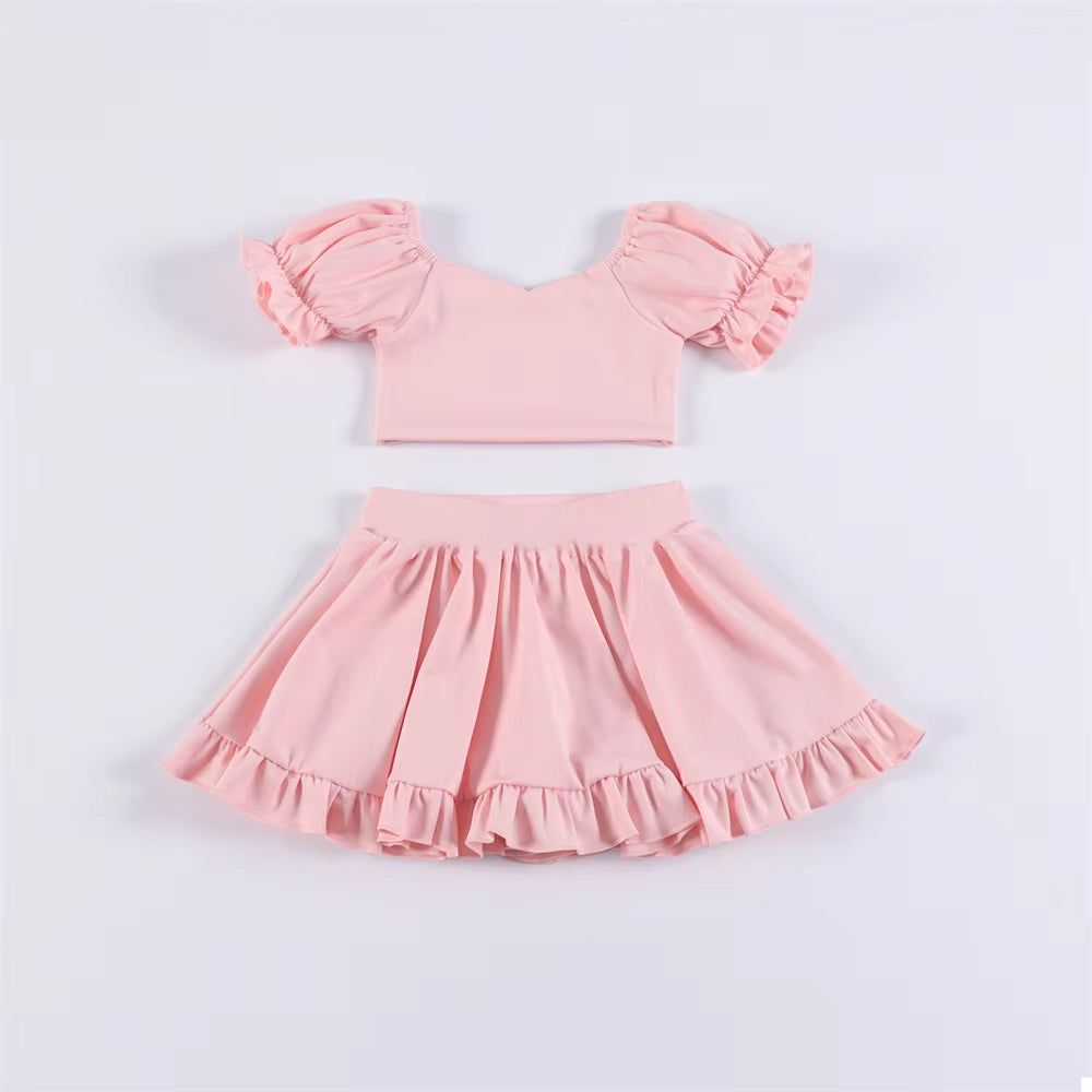 Preorder moq 5 Baby Girls Light Pink Yoga Shirt Skirt Active Wear Clothes Sets