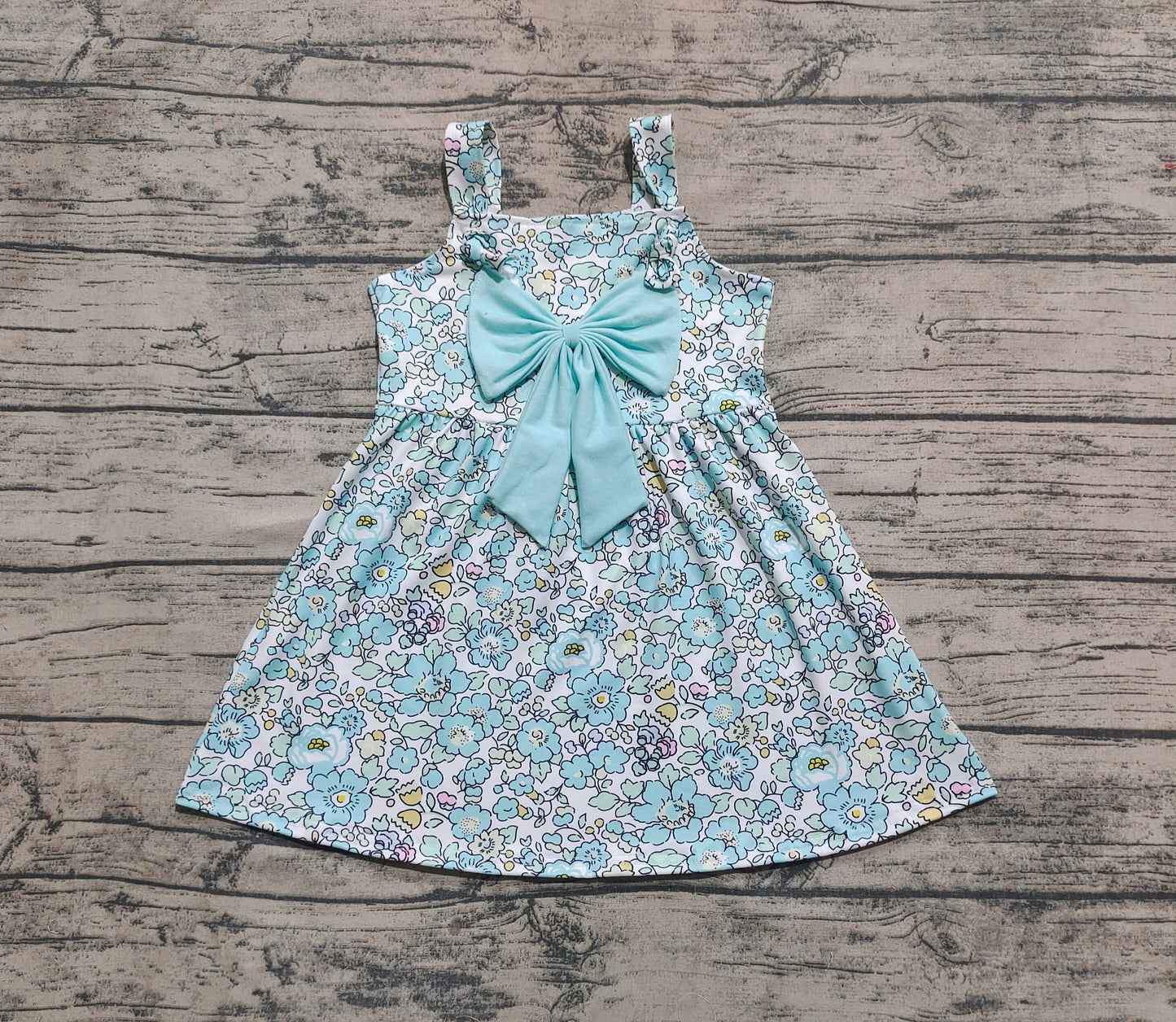 Baby Girls Blue Flowers Big Bow Knee Length Dresses