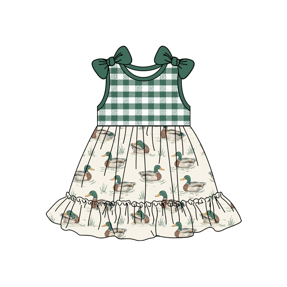 Baby Girls Green Checkered Mallard Ducks Bows Knee Length Dresses Preorder