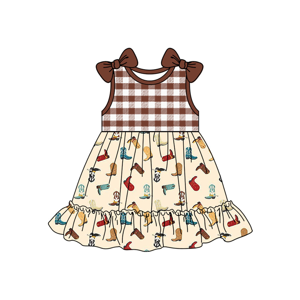 Baby Girls Brown Checkered Western Boots Bows Knee Length Dresses Preorder