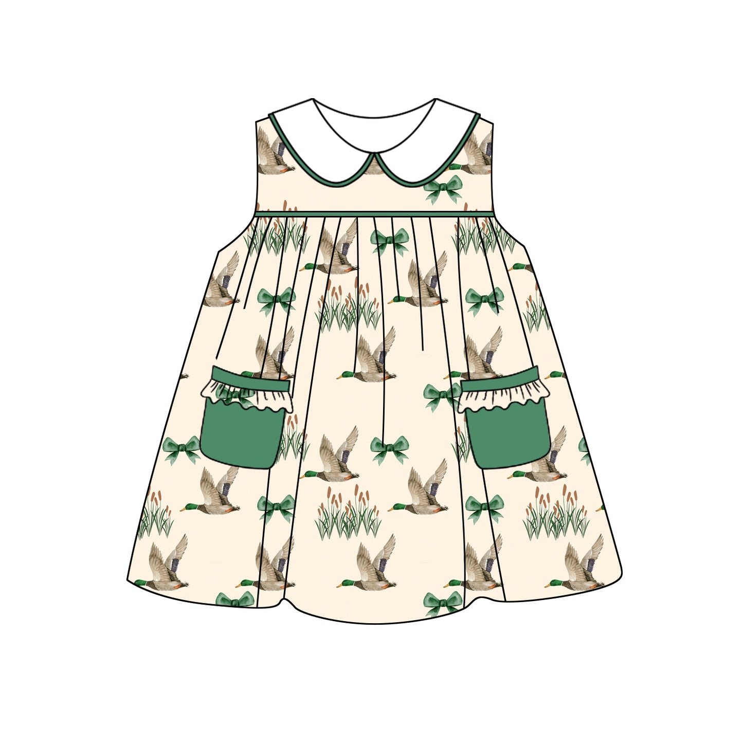 Baby Girls Green Ducks Pockets Knee Length Dresses preorder